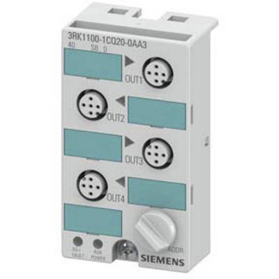 'Siemens 4-way switching device with connections OUT1 to OUT4 and rotary knob, model number 3RK1100-1CQ20-0AA3, in grey housing.'