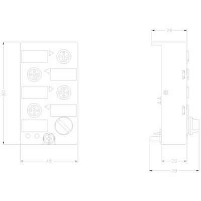 Technical drawing of a rectangular device with four circular connections and a rotary knob. Dimensions: 80x45x28 mm.