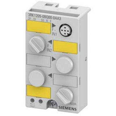 A grey Siemens component with plug connections and yellow markings. Model number 3RK1205-0B000-0AA3 is visible.