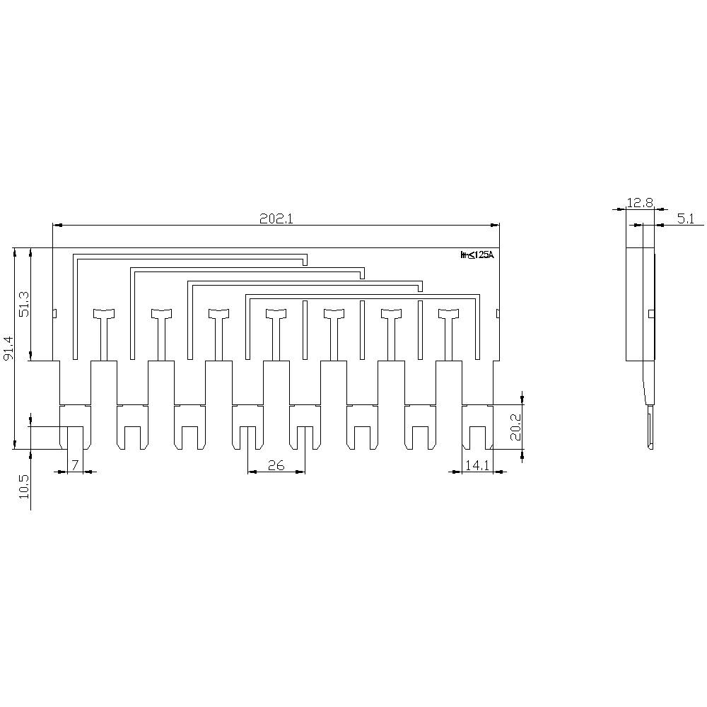 Technical drawing of an electrical connector with dimensions showing details of the width, height, and depth of contact pins.