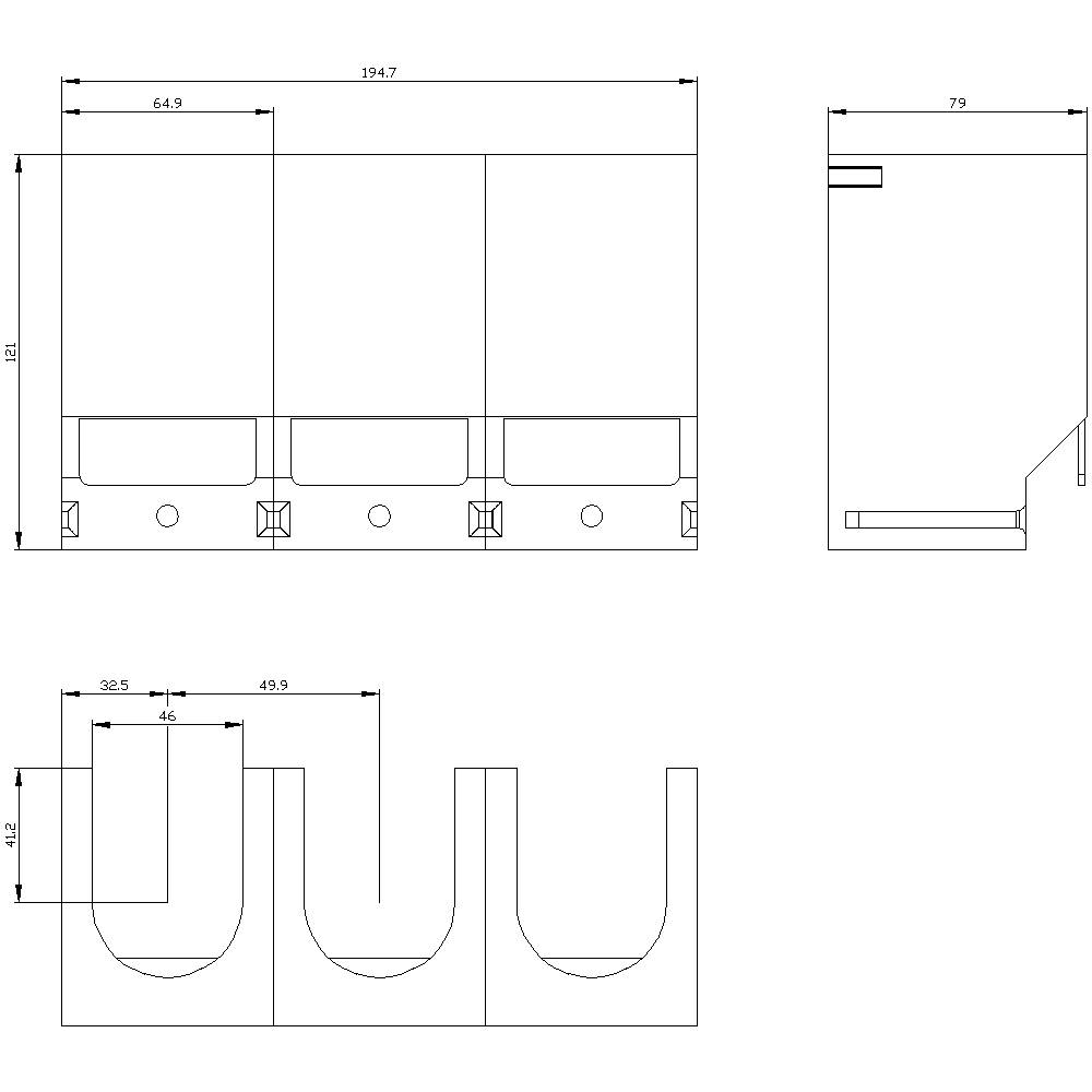 Technical drawing of three adjacent machine components with dimensions in millimetres, front and side view.