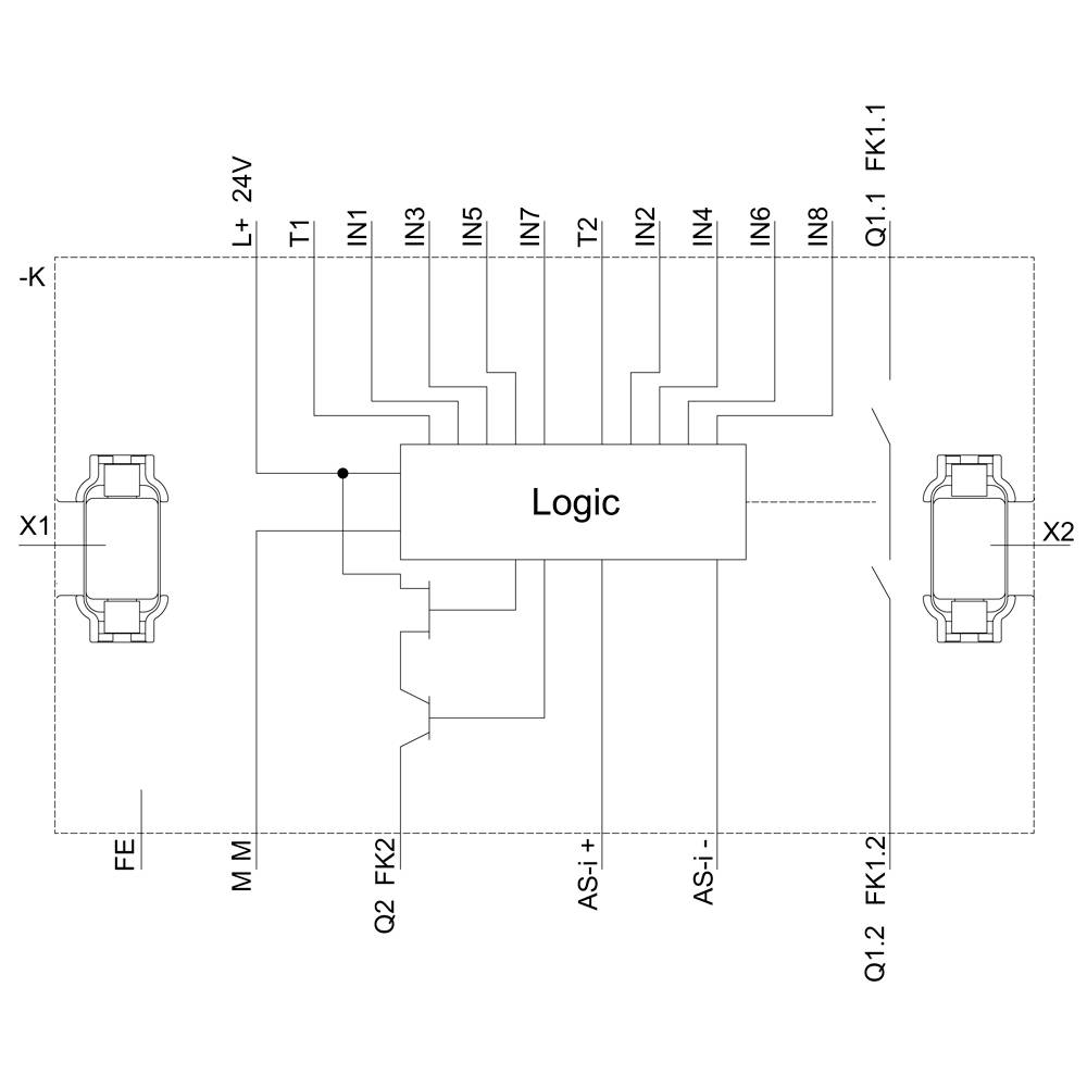 'Circuit diagram with logic module in the centre, connected to sensors T1-T2 and inputs/outputs IN1-IN6, Q1.1, Q1.2, and FK1/2.'