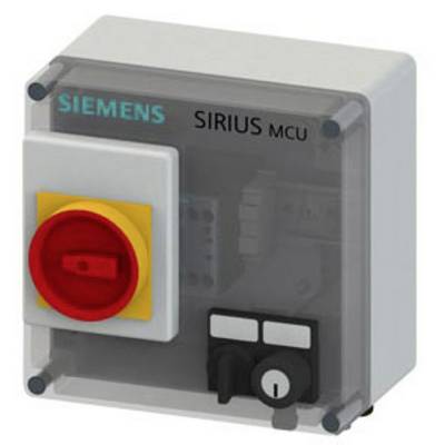 Enclosure with a grey front panel and a red emergency stop switch from Siemens SIRIUS MCU, positioned next to a black switch on a yellow background.