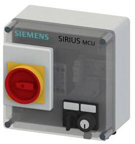 A control panel with a red emergency stop switch, marked with 'SIRIUS MCU'. Below are two smaller black switches visible.