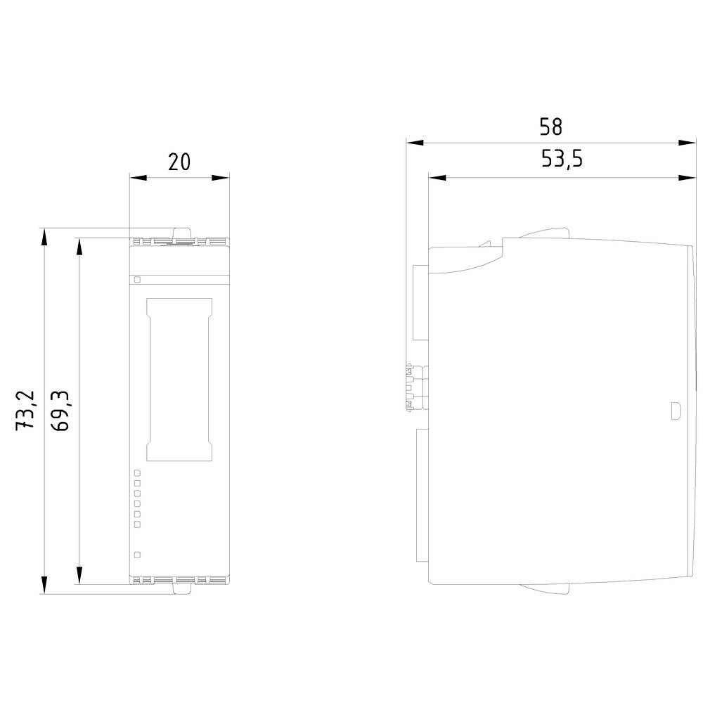 Technical Drawing of a Rectangular Device with Dimensions: Height 73.2 mm, Width 58 mm, Depth 20 mm. Side and Front View.