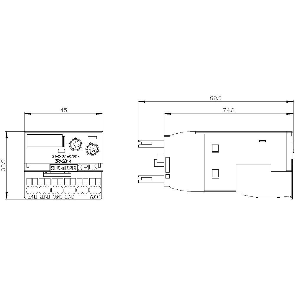 Technical drawing of an electronic device with dimensions: Width 45 mm, Depth 88.9 mm, Height 30.9 mm. Front view shows connections.