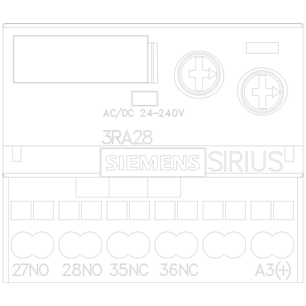 'Siemens Sirius' labelling on a circuit diagram. Shows connection designations and electrical parameters for AC/DC 24-240V.