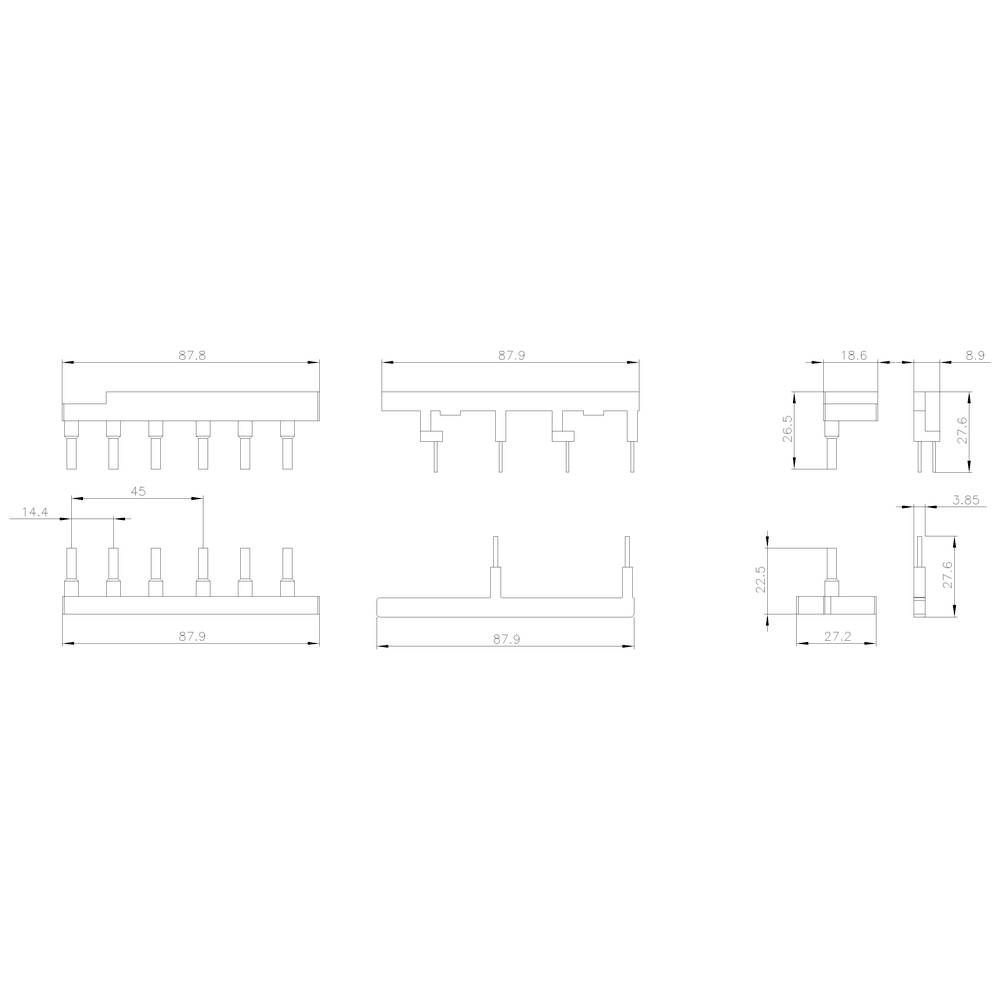Technical drawing with multiple views of a component. Dimensions are specified in millimetres. Side and front views are shown.