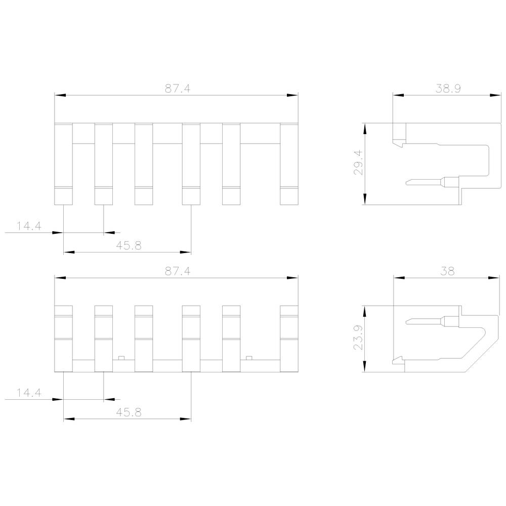 Technical drawing of an electrical component with dimensional specifications in millimetres: 87.4 x 38.9 x 14.4.