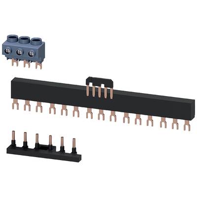 Three different electrical connection components: at the top a blue terminal strip, in the middle a black busbar, at the bottom another rail with connections.