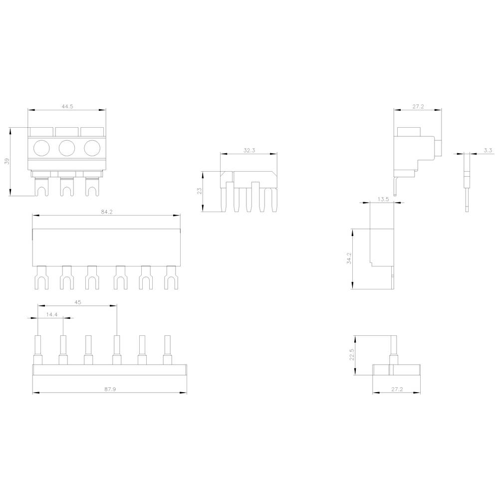 Technical drawing of an electronic component with multiple views and precise measurements in millimetres.