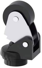 A black and silver wheel with an integrated mounting bracket, likely part of a piece of furniture or technical equipment.