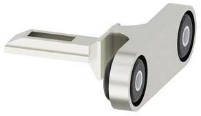 Metal hinge with two round black rubber wheels, viewed at an angle from the side.