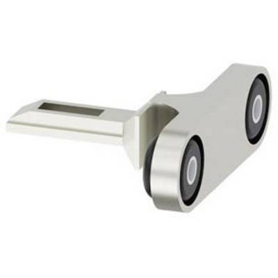 Metal hinge with two round black rubber wheels, viewed at an angle from the side.