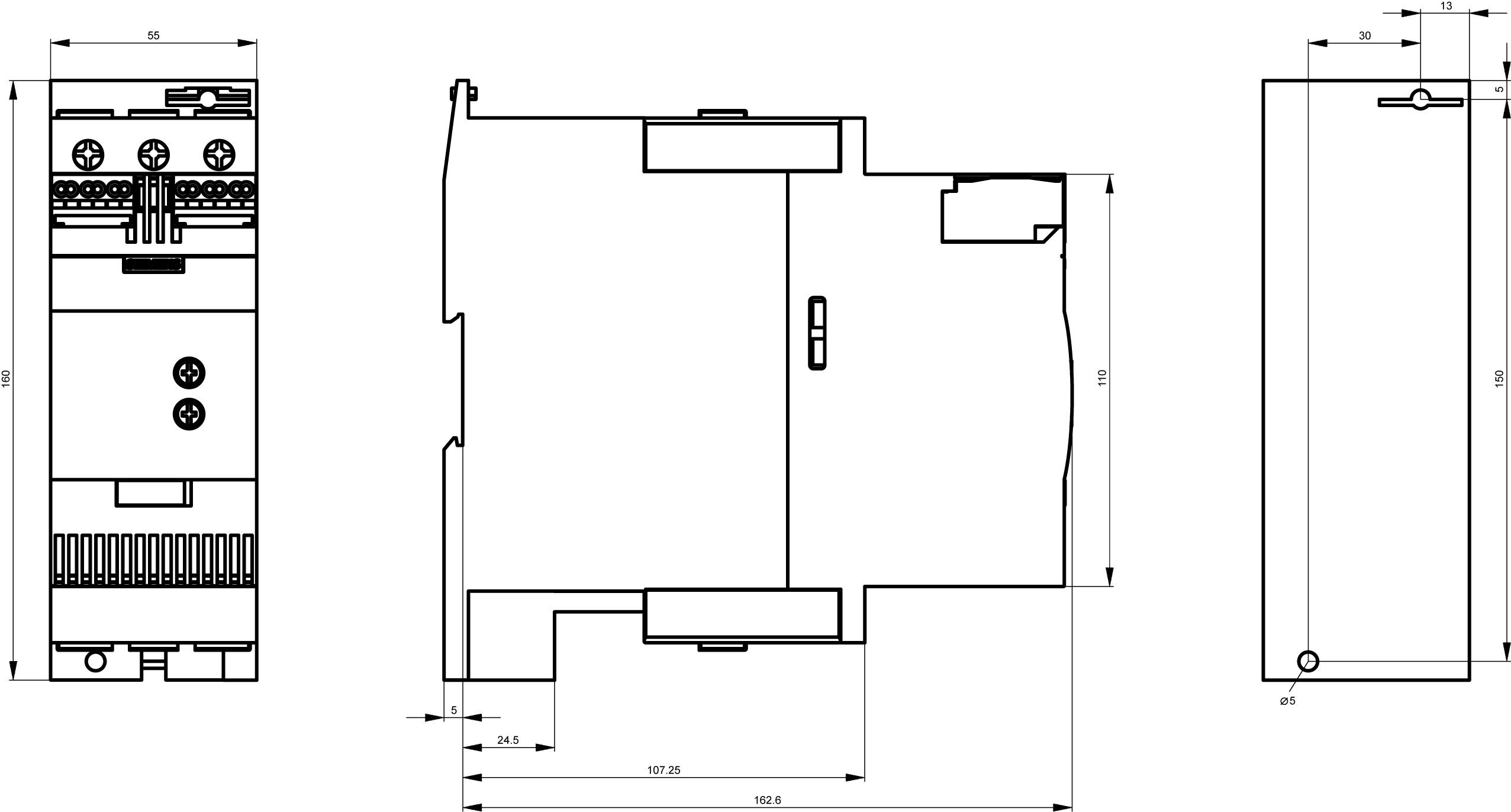Technical drawing of an electronic device with front, side, and top views. Measurements and assembly details are shown.