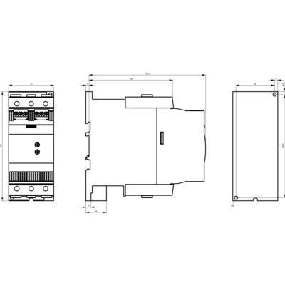 Technical drawing of an electrical device with side and front view. Dimensions are given in millimetres.