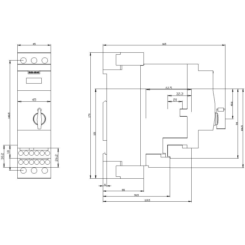 Technical drawing of an electronic device with precise measurements in millimetres. Side and front view with control button.