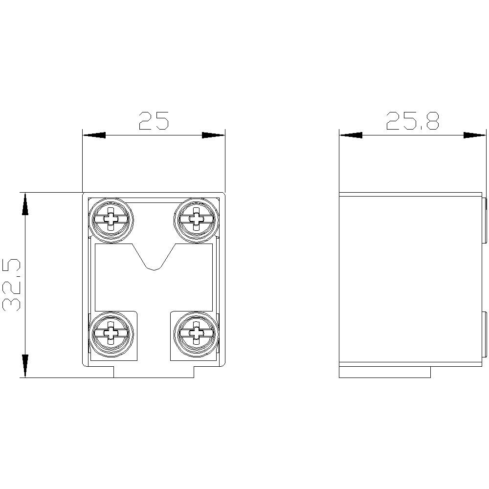 Technical drawing of a rectangular part with dimensions: 25 mm width, 32.5 mm height, 25.8 mm depth, screw details visible.