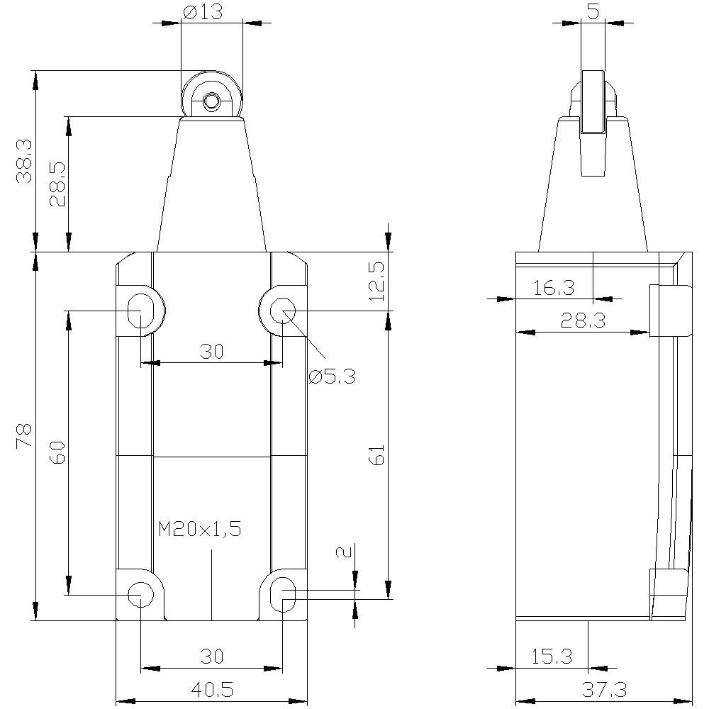 Technical drawing of a rectangular component with detailed dimensions in mm. Front and side views are shown.