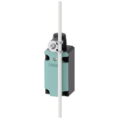 A sensor switch with a pivoting lever activation in vertical position, mounted on a rectangular housing.
