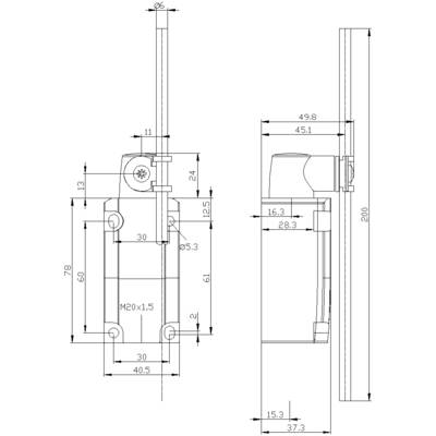 Technical drawing of a door lock with dimensional specifications, screw positions, and side views, showing detailed measurements.