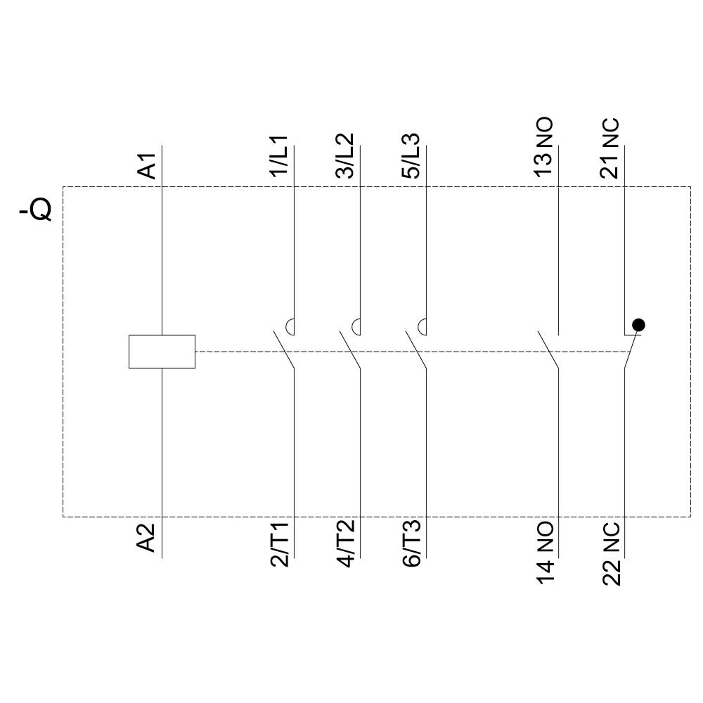 Circuit diagram of an electrical circuit with switches and connections, labelled with A1, A2, 1/L1, 3/L2, 5/L3, 2/T1, 4/T2, 6/T3, 13 NO, 21 NC, 14 NO, 22 NC.
