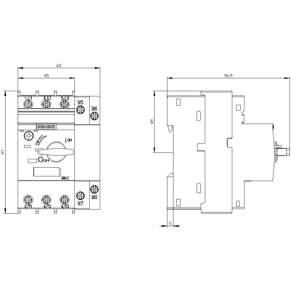 'Technical drawing of an electrical device with dimensions: Front view shows control button and connections, side view shows depth.'