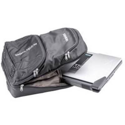 A laptop with a partially opened black carrying case from 'Simatic Field PG'. The case has several zips.