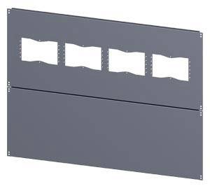 Grey painted metal part with multiple rectangular cut-outs in a row.