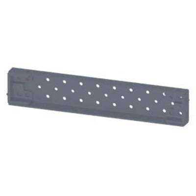 Long, rectangular, dark grey building component with several small, evenly distributed holes; possible use in construction.