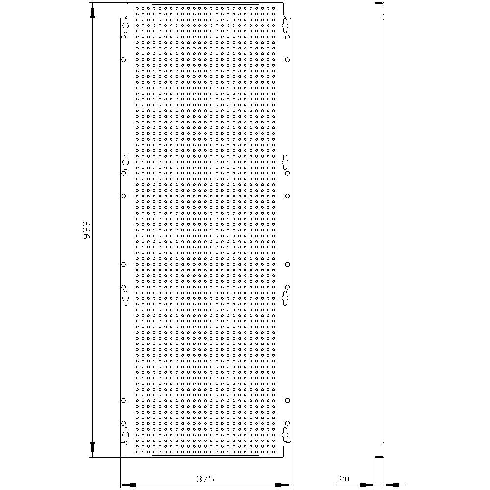 Technical drawing of a rectangular metal plate with dimensions: Length 999 mm, Width 375 mm, Thickness 20 mm.