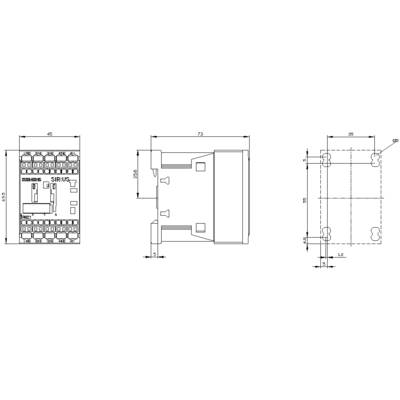 Technical drawing of an electronic component with three views: front view, side view, and top view, with dimensions.
