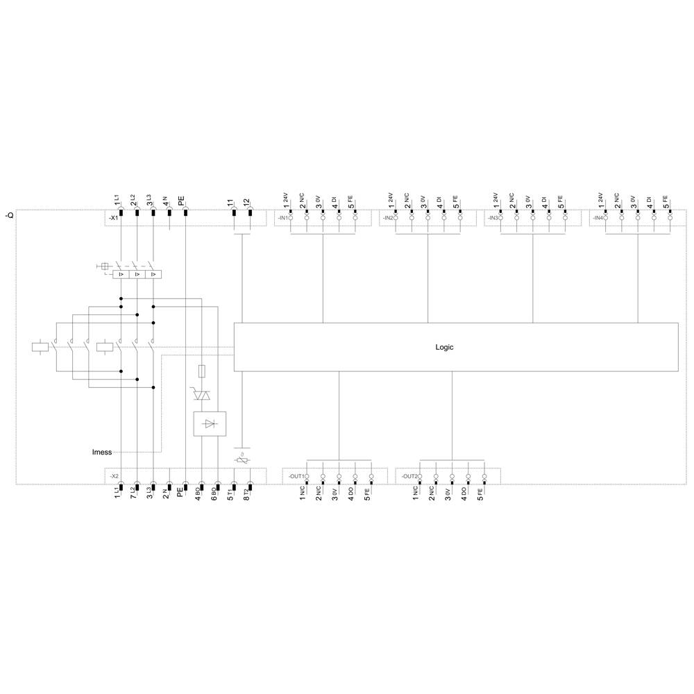 'Circuit diagram of a logic circuit with inputs on the left side, connected to the logic block in the centre, and outputs on the right side.'