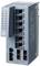 A grey network switch with eight Ethernet ports, four on the top and four on the bottom. Status LED indicators are positioned on the left-hand side.