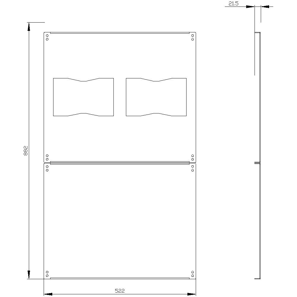'Technical drawing of a rectangular object with two rectangular recesses in the upper half. Dimensions: 882 x 522 mm.'