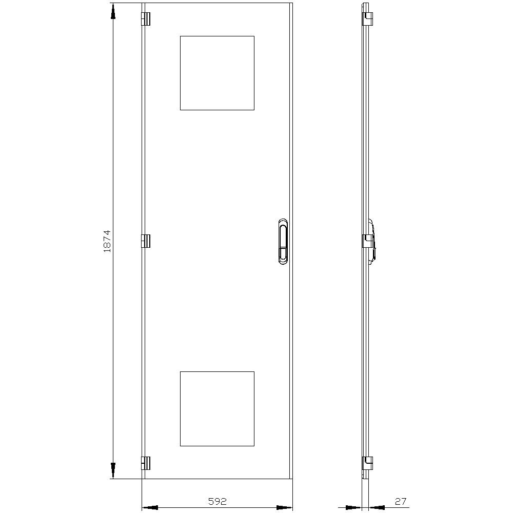 Technical drawing of a rectangular door with two square windows. Dimensions: height 1,874 mm, width 592 mm, depth 27 mm.
