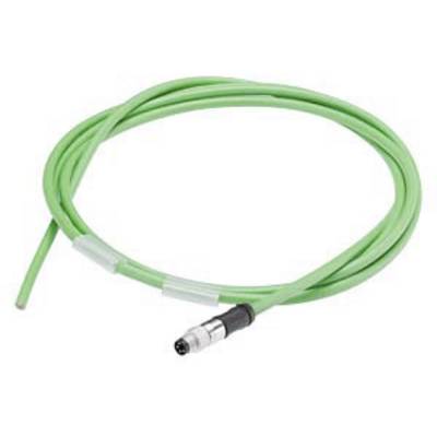 A green cable with a metal plug, coiled on a white background.