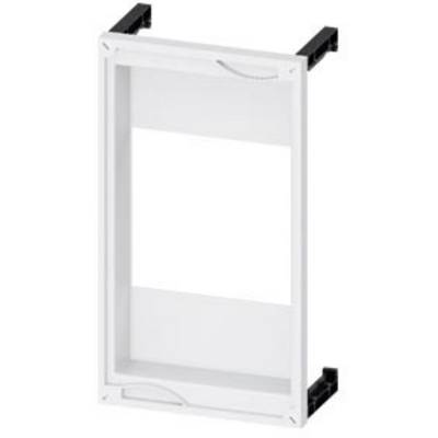 White rectangular frame structure made of plastic with black mounting brackets at the corners, possibly part of an assembly system.