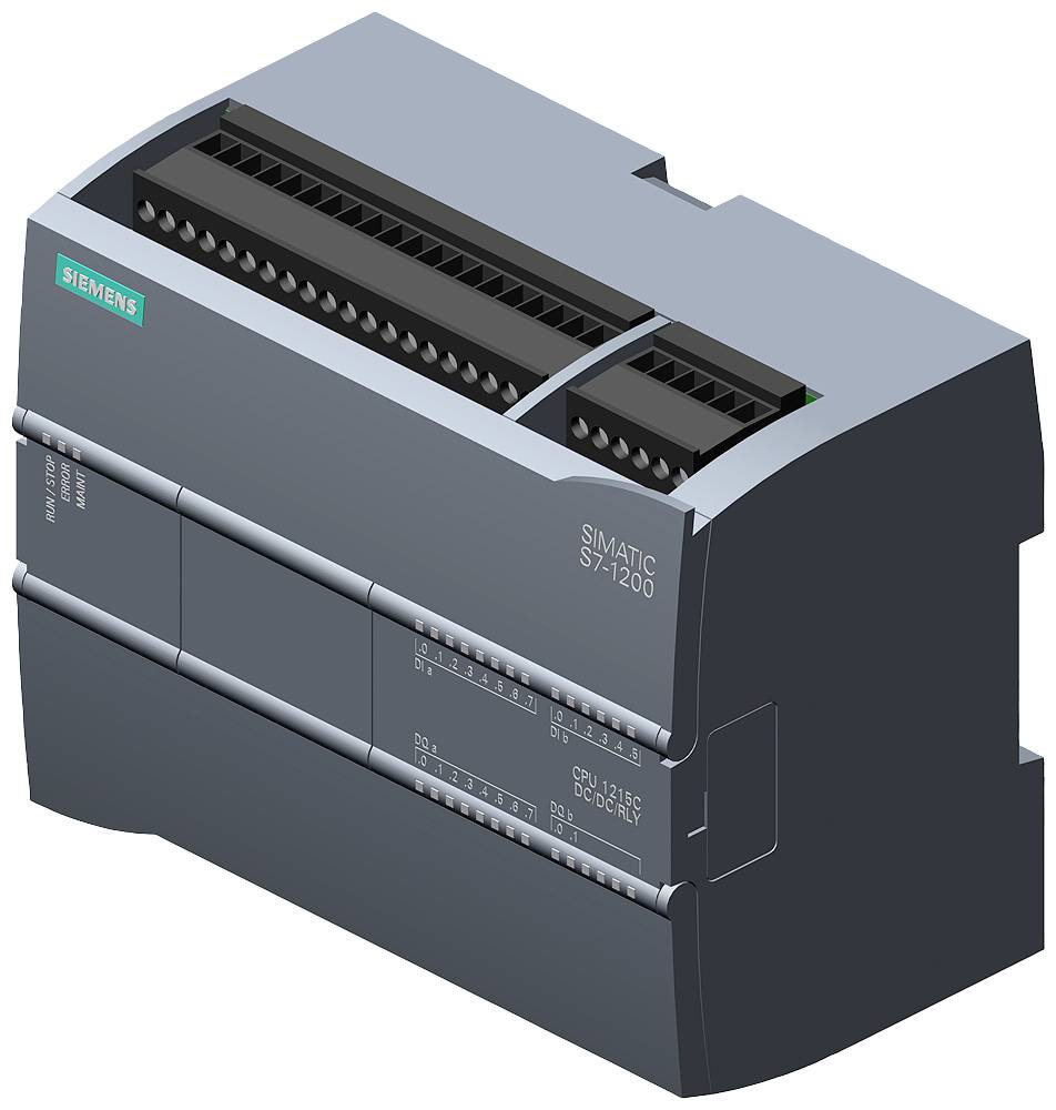 A Siemens SIMATIC S7-1200 control device with multiple digital inputs and outputs, compact and modular in design.