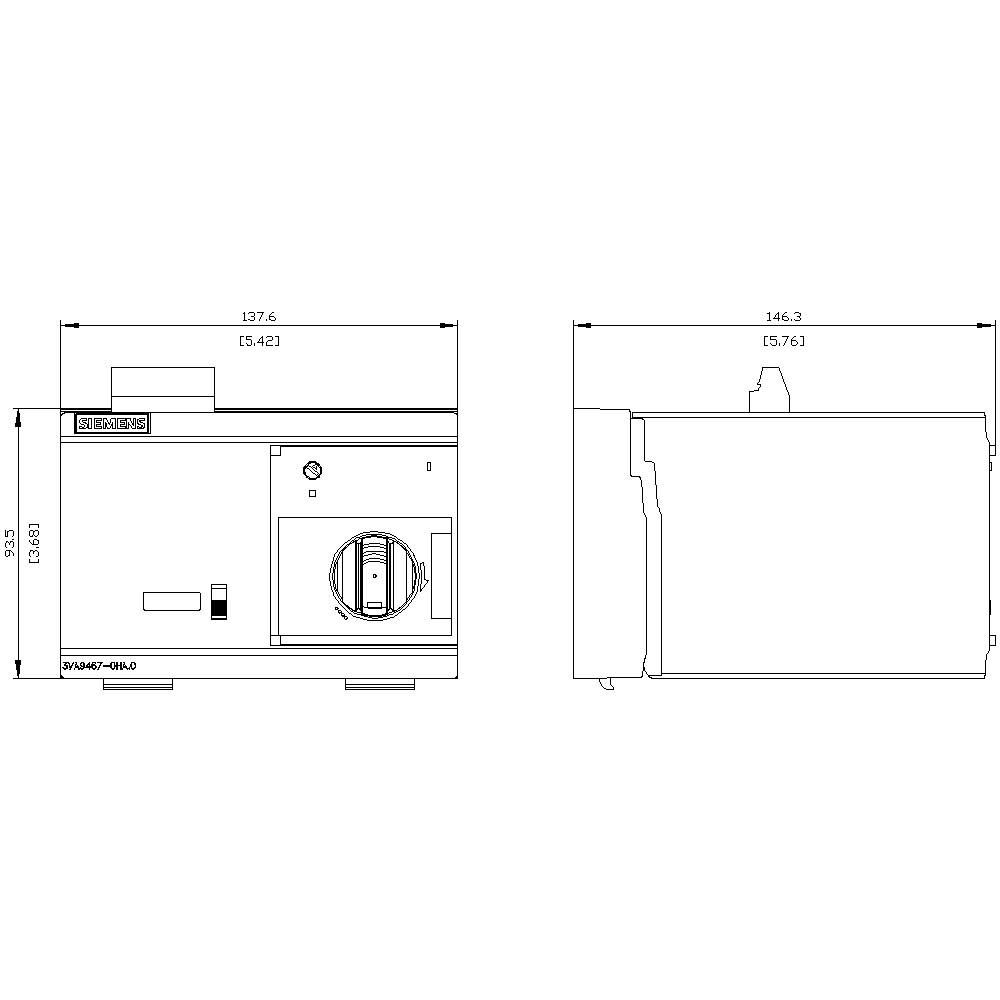 'Technical drawing of an installation showing front and side views, including dimensioning in millimetres.'