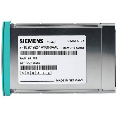 Siemens memory card for SIMATIC S7, RAM 64 MB, with article number 6ES7 952-1AY00-0AA0, Made in Germany.