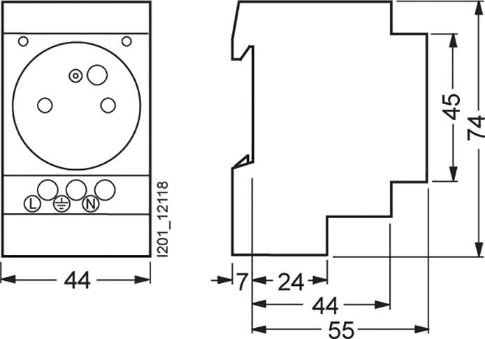 Technical drawing of an electrical component mounting bracket. Dimensions: width 44 mm, height 74 mm, with detailed connection positions.