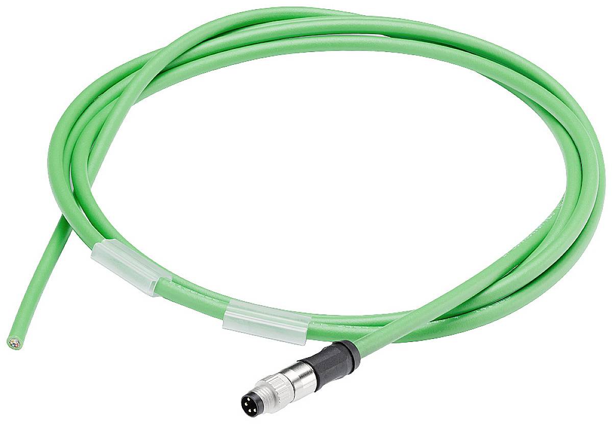 Green cable with a round plug and exposed wire ends, suitable for industrial applications.