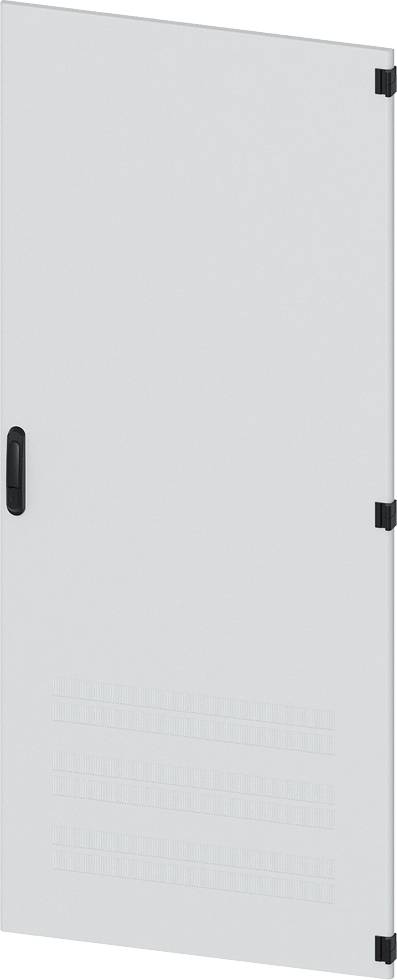 White metal door with black handle and hinges, vertical ventilation slots at the bottom.
