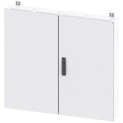 A white, rectangular metal cabinet with two doors and a black handle, mounted on the wall.