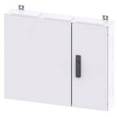Metal control cabinet with two doors and a central black handle, mounted on a wall.