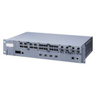 A grey network switch with multiple Ethernet ports and lights on the front panel, suitable for server room infrastructure.
