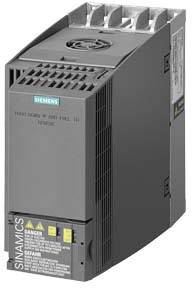 Image of a grey industrial drive unit by Siemens with a fan at the top and warning notices at the bottom of the front panel.