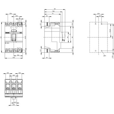 Technical drawing of a three-pole circuit breaker. Dimensions and views from front, side, and top illustrated.