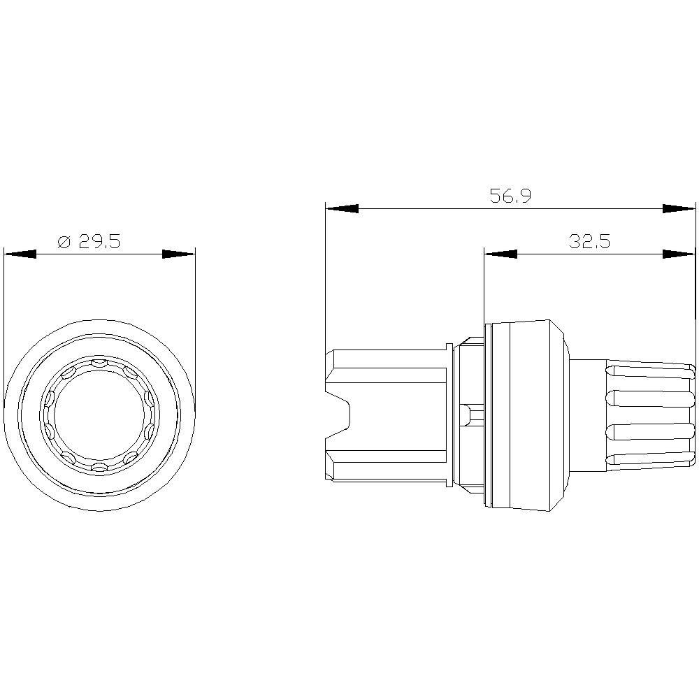 Technical drawing of a mechanical component with two views. Front view shows a circle with a diameter of 29.5 mm, side view with an overall length of 56.9 mm.